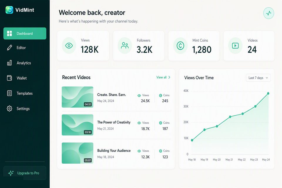 デスクトップブラウザでの VidMint ウェブクリエイターダッシュボード – プロジェクト、ミント統計、ドラフト