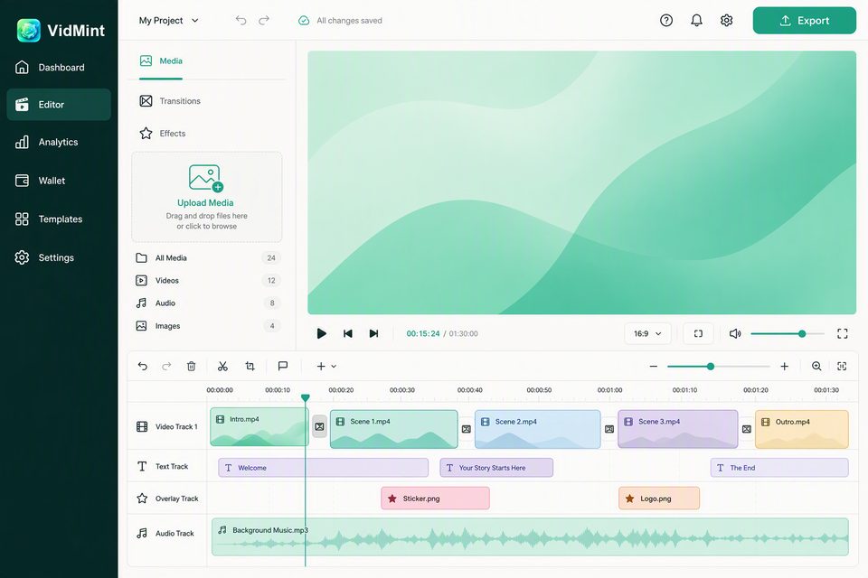 デスクトップでの VidMint ウェブエディター – ブラウザでのショート動画タイムライン編集