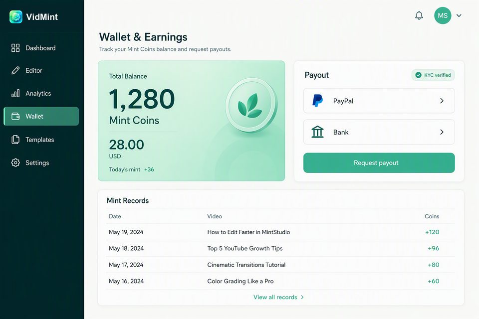 デスクトップでの Mint Rewards 出金のための VidMint ウェブウォレット