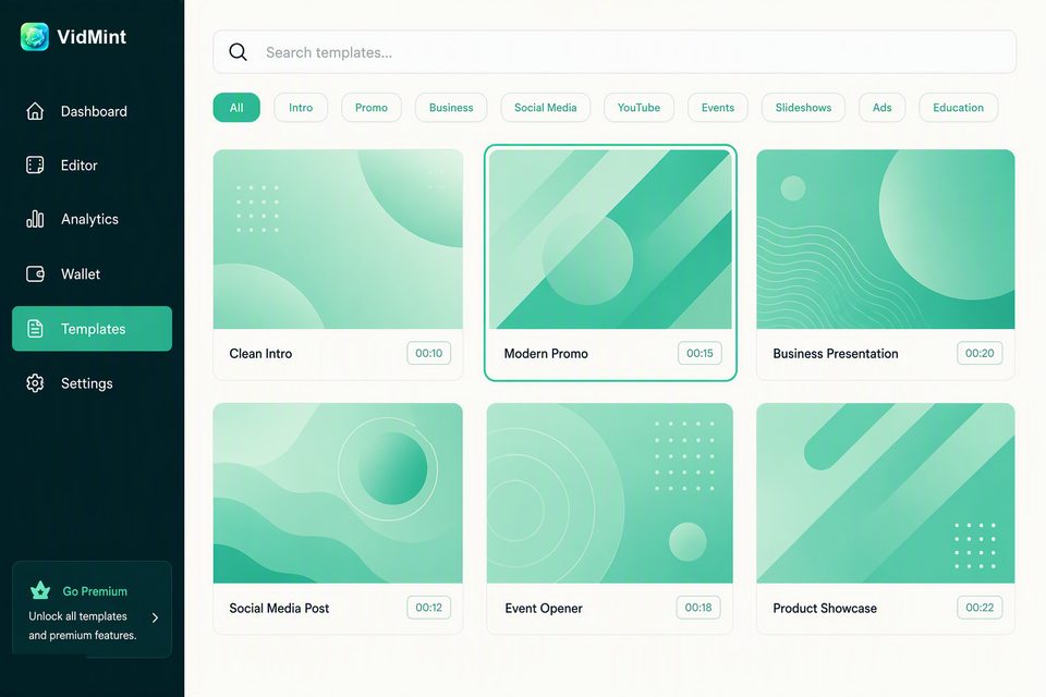 ブラウザでのショート動画フォーマットの VidMint デスクトップテンプレートライブラリ