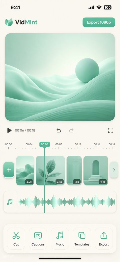 ワンタップショート動画編集ツールを備えた VidMint AI 動画エディターのタイムライン