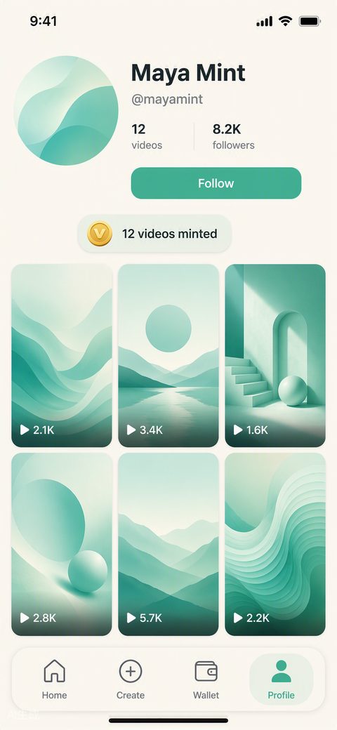 公開されたショート動画が並ぶ VidMint クリエイタープロフィールページ
