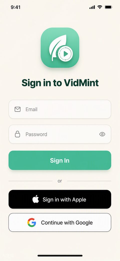 iPhone 上の VidMint ログイン画面